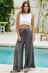 Pull On Elastic High Waist Drawstring Pocket Ruffle Hem Wide Leg Pants